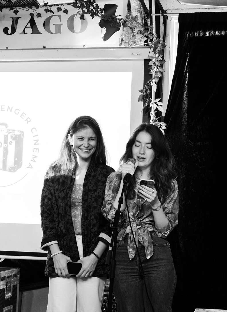 Zülal Erdoğan and Nilüfer Kır in front of the screen at The Jago in Dalston.